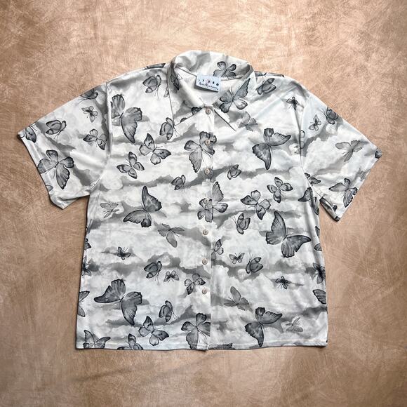 Vintage 90s Life Systems Black & White Butterfly Print Shirt Polyester Button Up - Picture 6 of 6